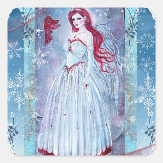 Winter angel with cardinal fantasy art print square sticker (Front)