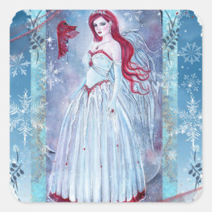 Winter angel with cardinal fantasy art print square sticker