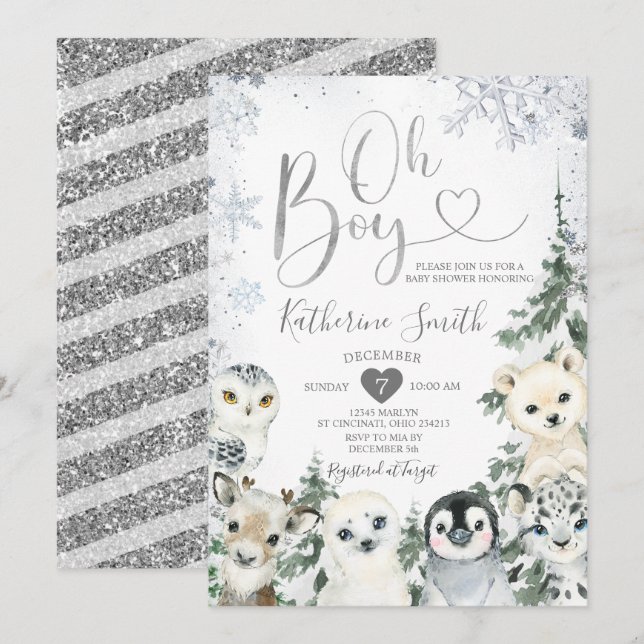 Winter Animal Baby Shower Forest Snowflakes Invita Invitation (Front/Back)