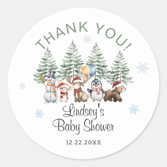 Winter Animal Baby Shower Thank You Classic Round Sticker (Front)