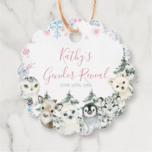 Winter Animal Gender Reveal He or She Snowflakes Favour Tags