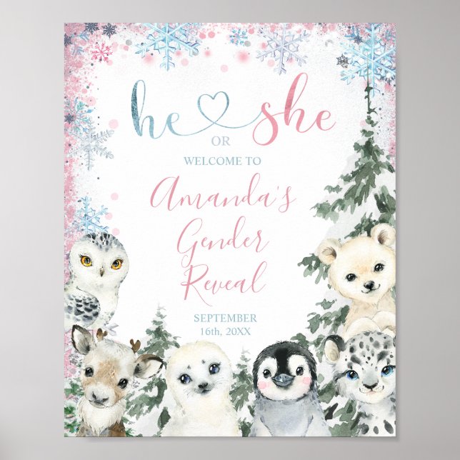 Winter Animal Gender Reveal He or She Snowflakes Poster (Front)