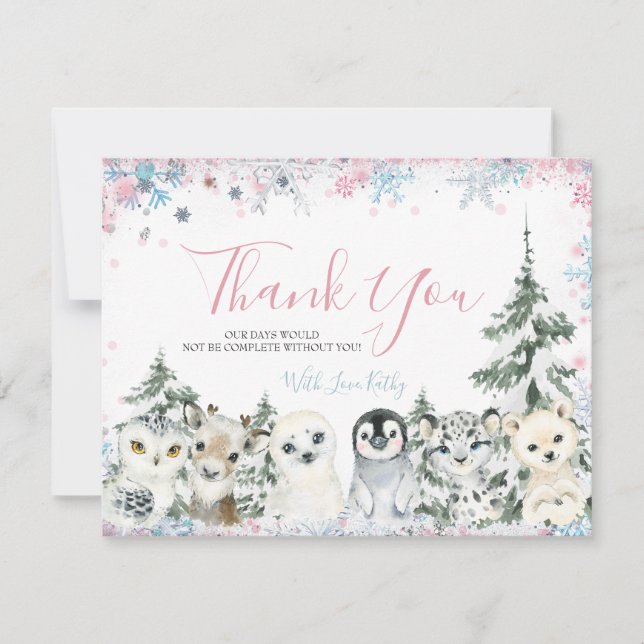Winter Animal Gender Reveal He or She Snowflakes Thank You Card (Front)