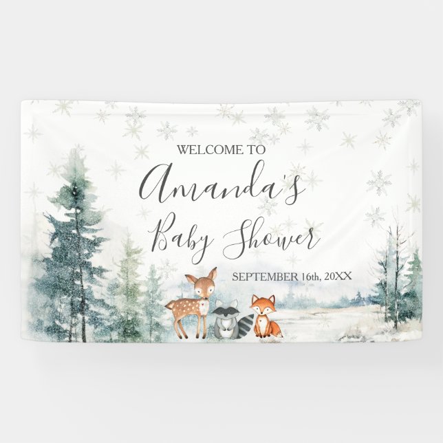 Winter Animal Silver Snowflakes Baby Shower Large Banner (Horizontal)