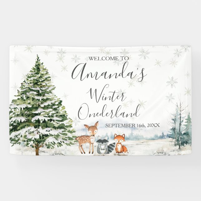 Winter Animal Silver Snowflakes Baby Shower Large Banner (Horizontal)