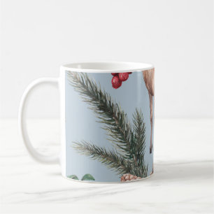 Winter animal sketch, blue background. coffee mug