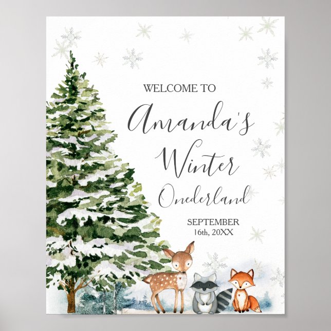 Winter Animal Snowflakes ONEderland Birthday Poster (Front)