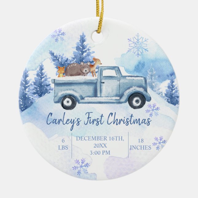 Winter Animal Truck Forest First Christmas Ceramic Tree Decoration (Front)