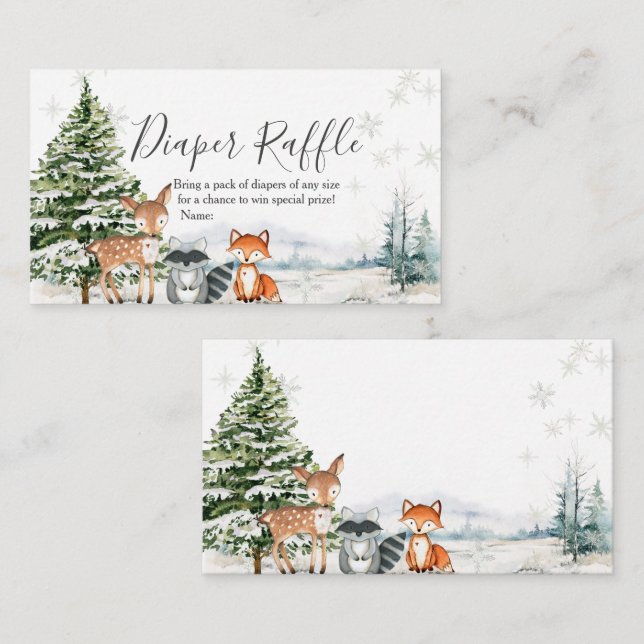 Winter Animal Woodland Snowflakes Diaper Raffle Enclosure Card (Front/Back)