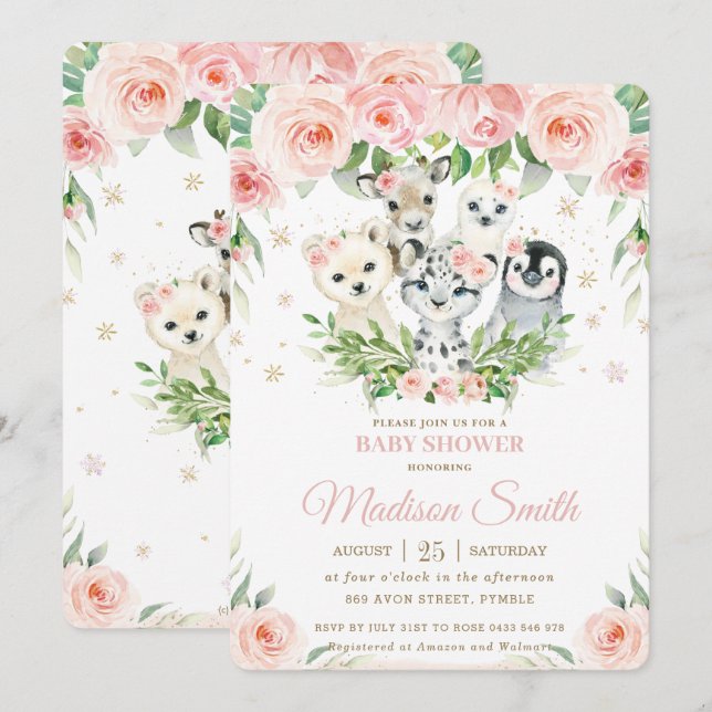 Winter Animals Arctic Blush Floral Baby Shower Invitation (Front/Back)