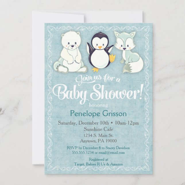 Winter Animals Baby Shower Invitation Bear Penguin (Front)