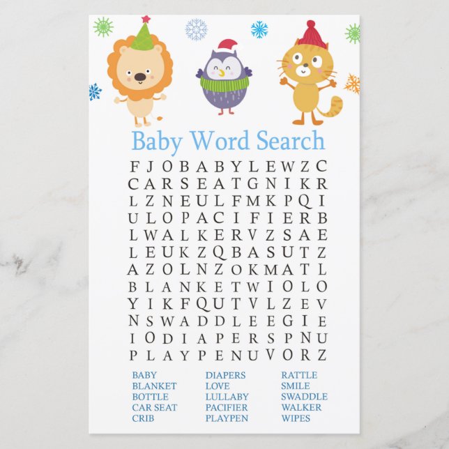 Winter animals Baby Shower Word Search Game (Front)