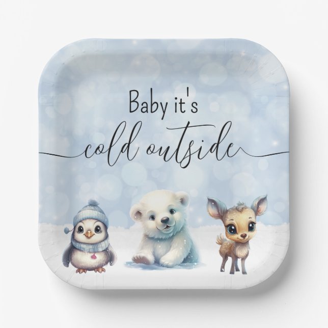 Winter Animals Cold Outside Baby Shower Paper Plate (Front)