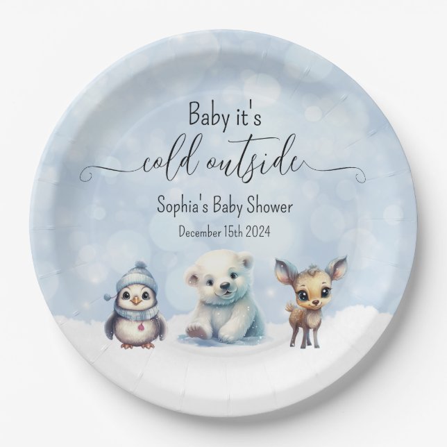 Winter Animals Cold Outside Baby Shower Paper Plate (Front)