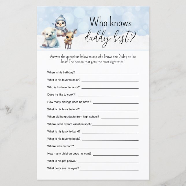 Winter Animals Fill in the Blanks Game Baby Shower (Front)