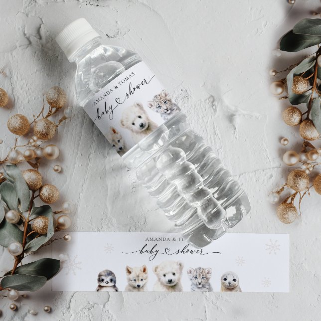 Winter Animals Gender Neutral Baby Shower Water Bottle Label (Creator Uploaded)