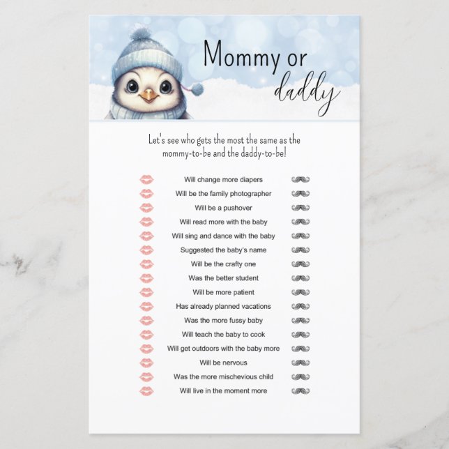 Winter Animals Mummy or Daddy Baby Shower Game (Front)