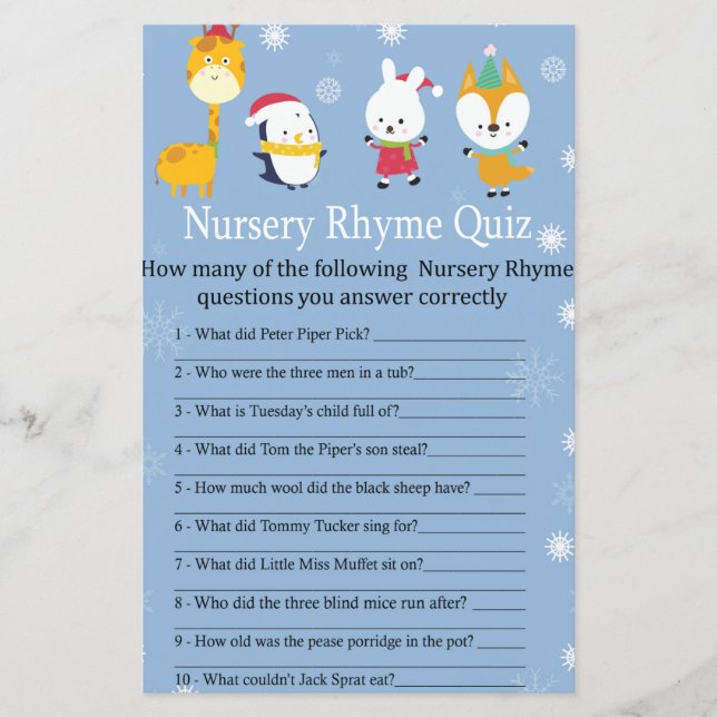 Winter animals Nursery Rhyme Quiz baby shower game (Front)
