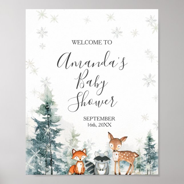 Winter Animals Snowflakes Baby Shower Welcome Poster (Front)