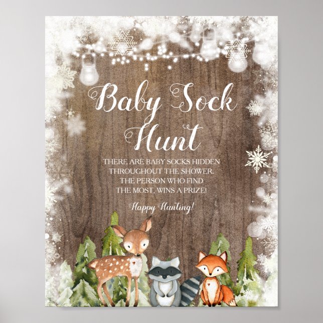 Winter Animals Snowflakes Wood Baby Sock Hunt Poster (Front)