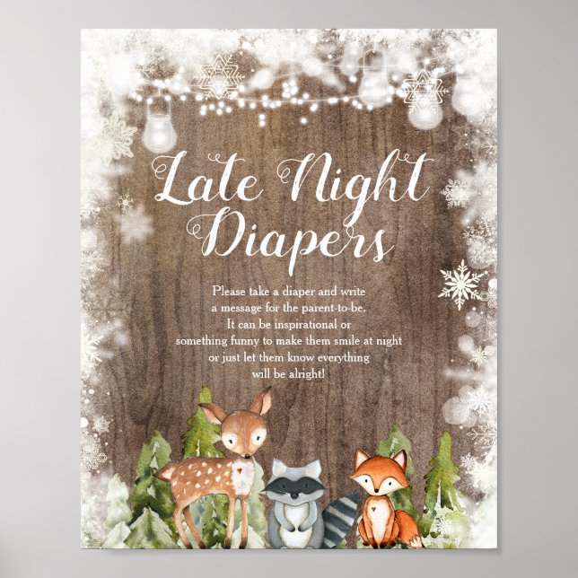 Winter Animals Snowflakes Wood Late Night Diapers Poster (Front)