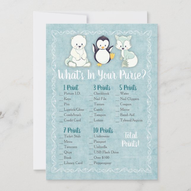 Winter Animals What's In Your Purse Shower Game (Front)