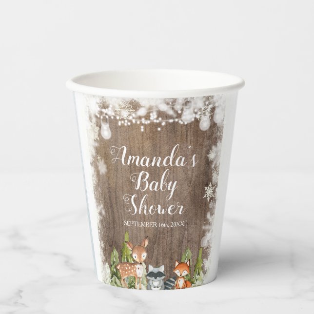 Winter Animals Wood Snowflakes Baby Shower Paper Cups (Front)
