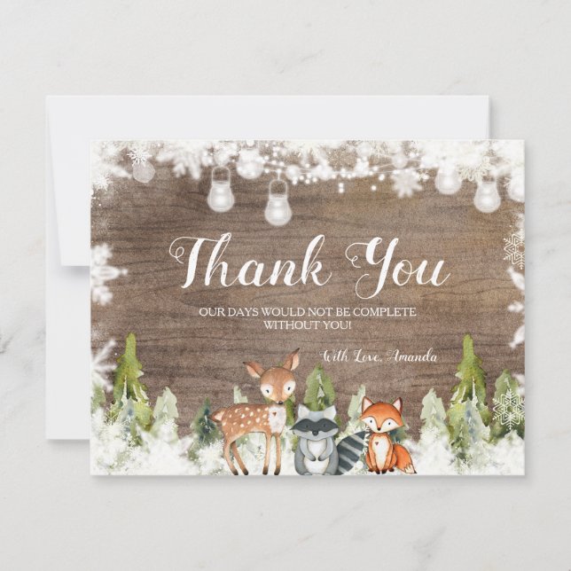 Winter Animals Wood Snowflakes Baby Shower Thank You Card (Front)