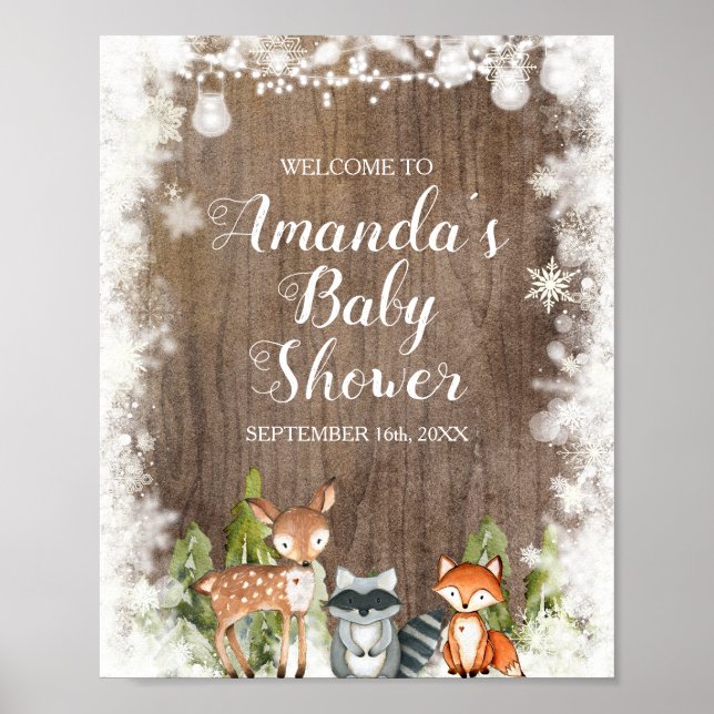 Winter Animals Wood Snowflakes Baby Shower Welcome Poster (Front)