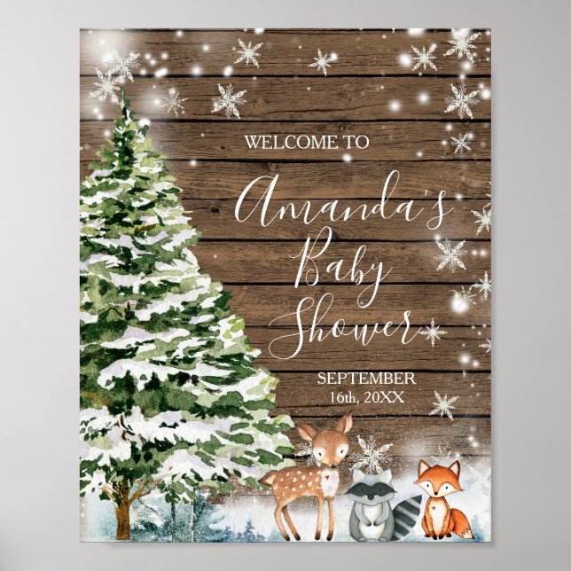 Winter Animals Wood Snowflakes Baby Shower Welcome Poster (Front)