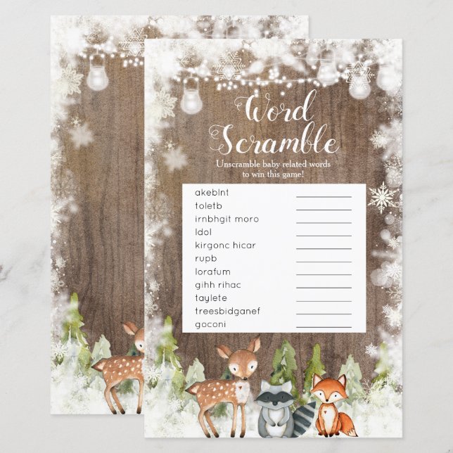 Winter Animals Wood Snowflakes Word Scramble (Front/Back)
