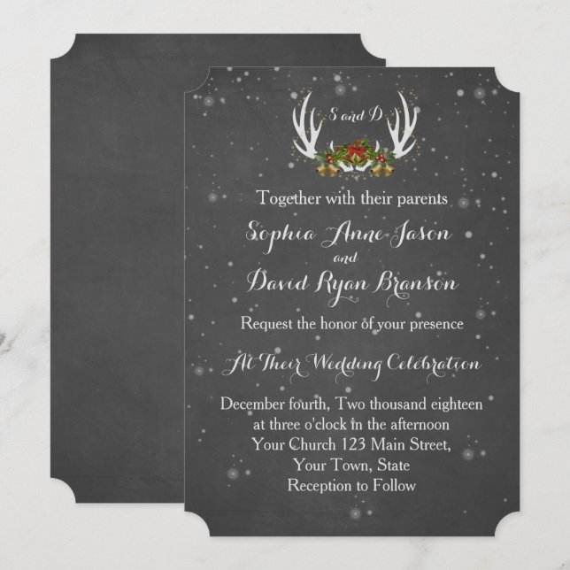 Winter Antlers Chalkboard Wedding Invitation (Front/Back)