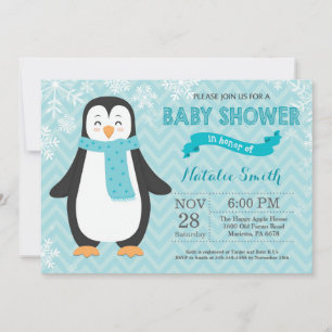 Winter Aqua Penguin Baby Shower Invitation