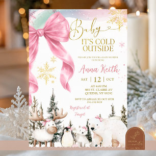 Winter Arctic Animal Bow Pink Baby Shower Invitation