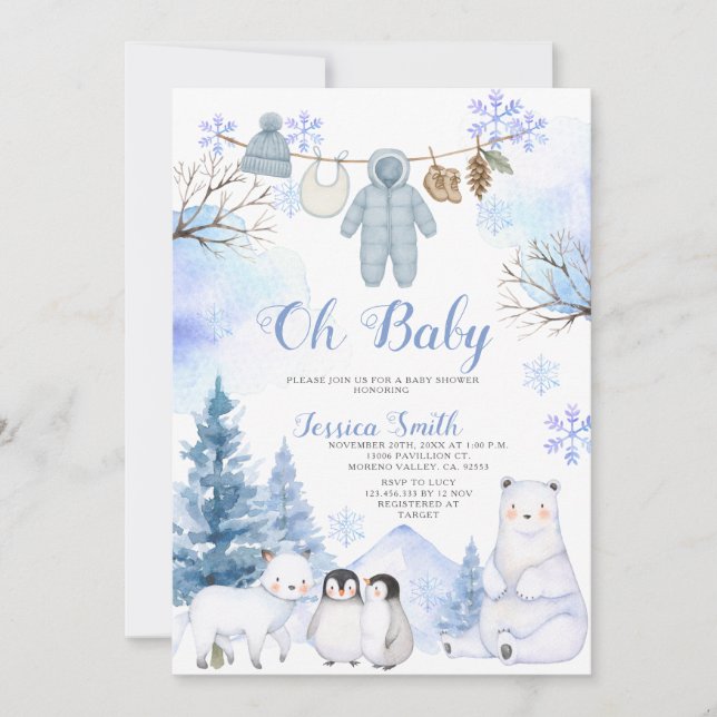 Winter Arctic Animal Clothesline Baby Shower Invitation (Front)