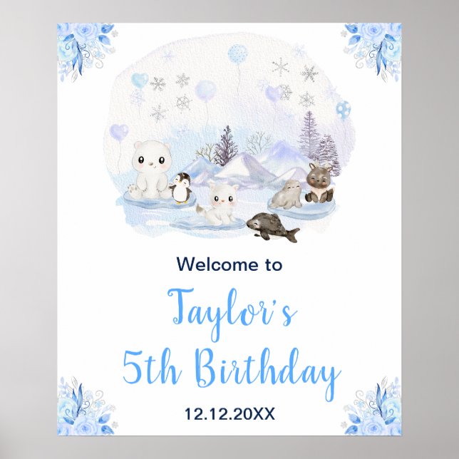Winter Arctic Animals Birthday Welcome Poster (Front)