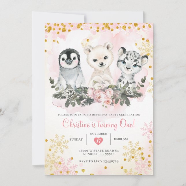 Winter Arctic Animals First Girl Birthday  Invitation (Front)