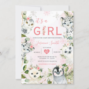 Winter Arctic Animals Floral Girl Baby Shower Invitation