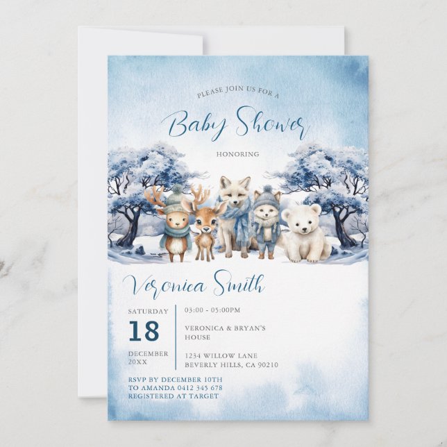 Winter Arctic Deer Fox Bear Animals Baby Shower Invitation (Front)