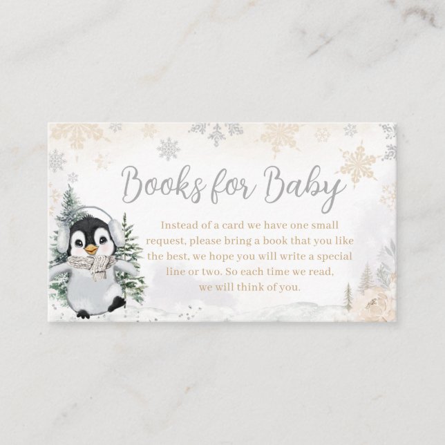 Winter Arctic Penguin Baby Shower Books for Baby Enclosure Card (Front)