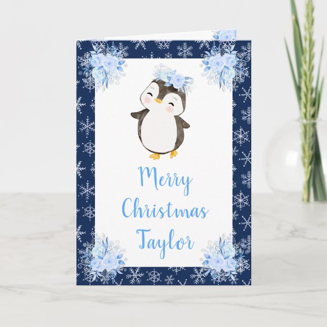 Winter Arctic Penguin Merry Christmas Holiday Card (Front)
