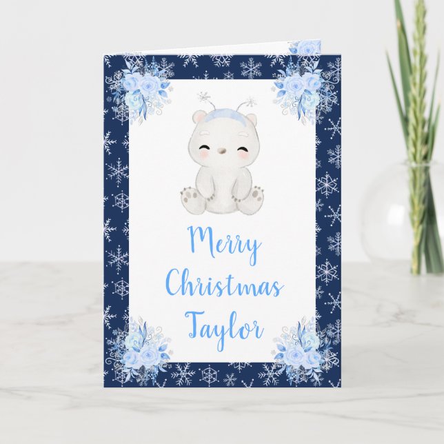 Winter Arctic Polar Bear Merry Christmas Holiday Card (Front)