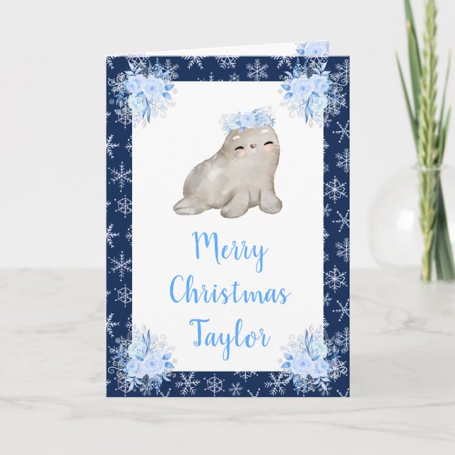 Winter Arctic Seal Merry Christmas Holiday Card (Front)