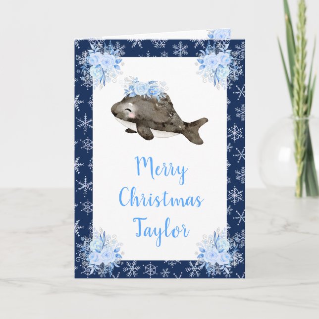 Winter Arctic Whale Merry Christmas Holiday Card (Front)