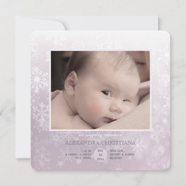 Winter Arrival Rose Sq. Photo Birth Announcement (Front)