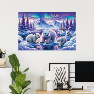 Winter Art with Northern Lights & Polar Bear Cubs Poster