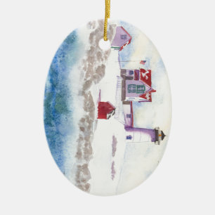 winter at Nubble LIghthouse in Maine Ceramic Tree Decoration