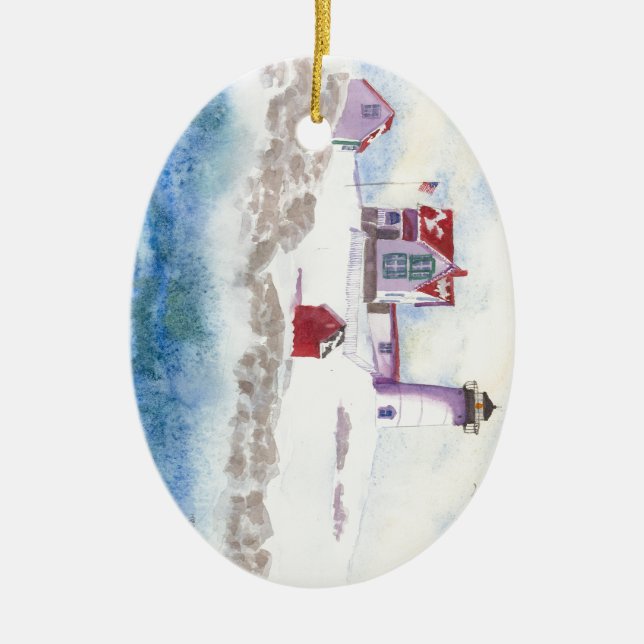 winter at Nubble LIghthouse in Maine Ceramic Tree Decoration (Front)