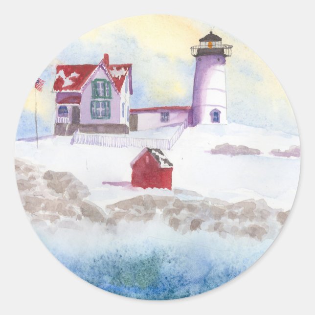 Winter at Nubble LIghthouse in Maine Classic Round Sticker (Front)