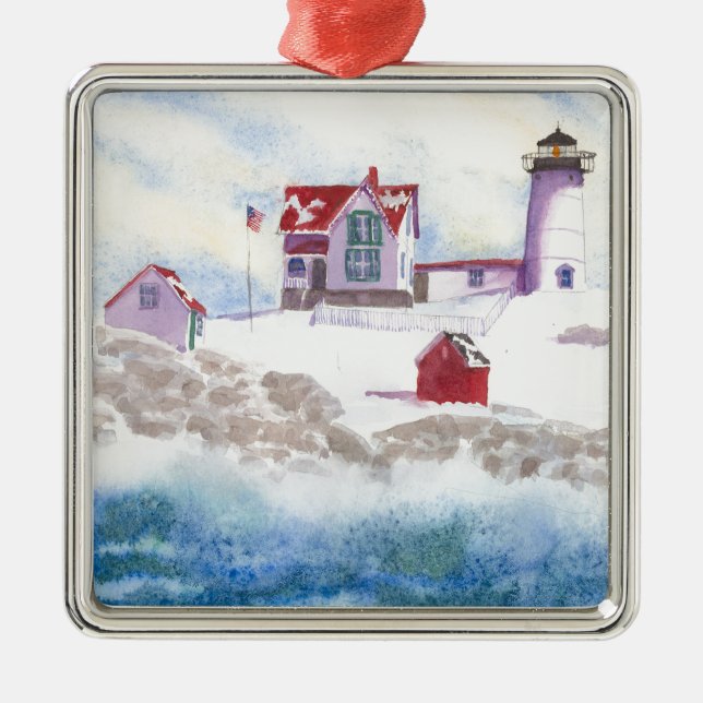 winter at Nubble LIghthouse in Maine Metal Tree Decoration (Front)
